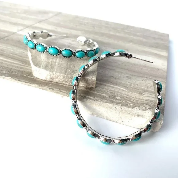 NEW ~ Free People Turquoise Stone "Buckaroo Hoops" Silver Earrings - Picture 8 of 16